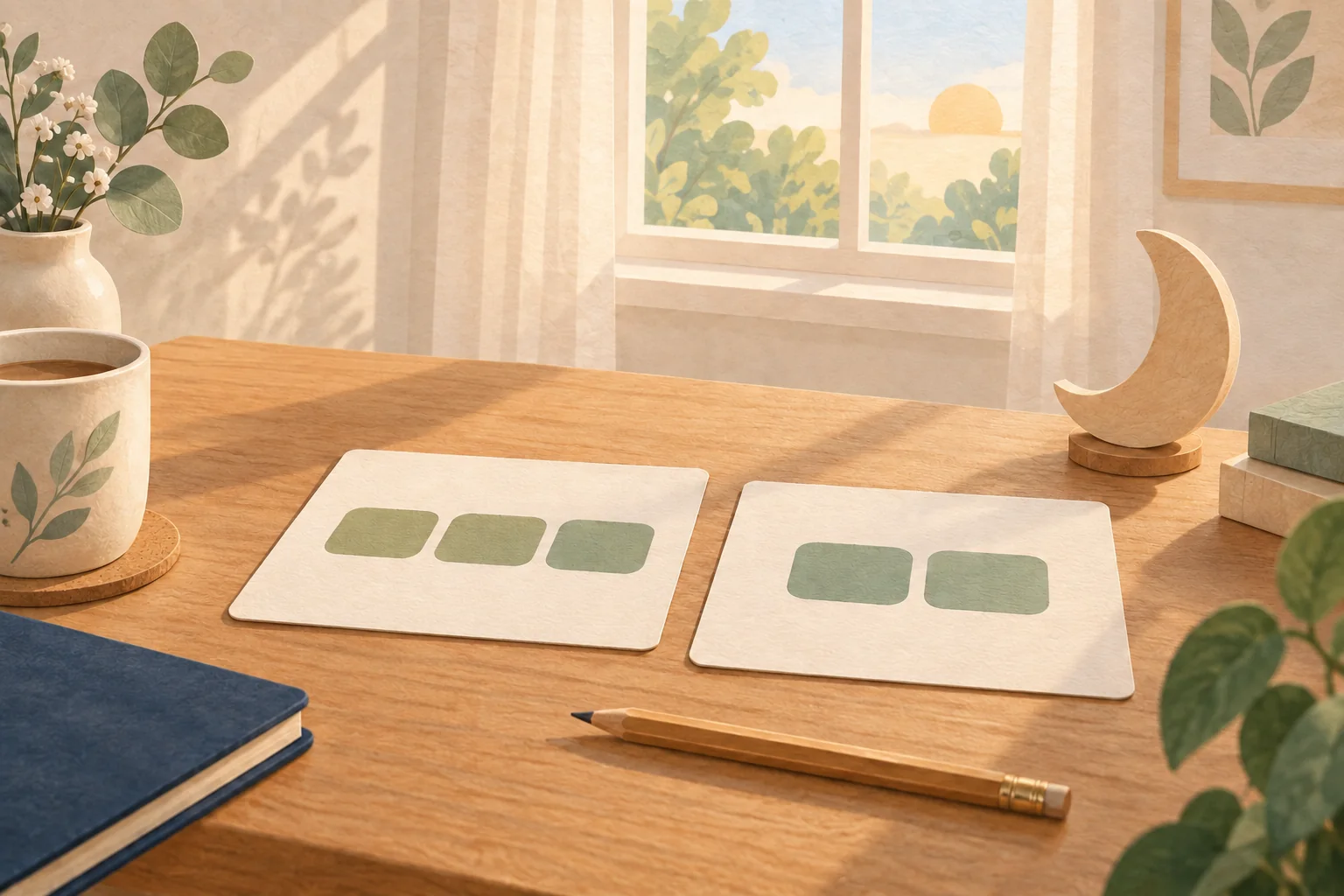 Two cards showing three and two nap blocks on a sunlit planning desk.