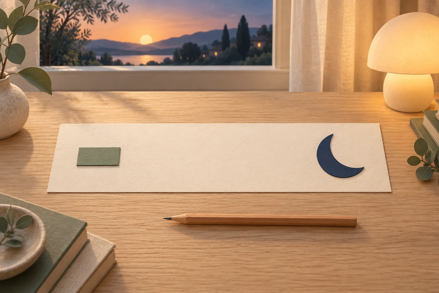 A small nap block and a separate crescent on a cream card beside a sunset window.