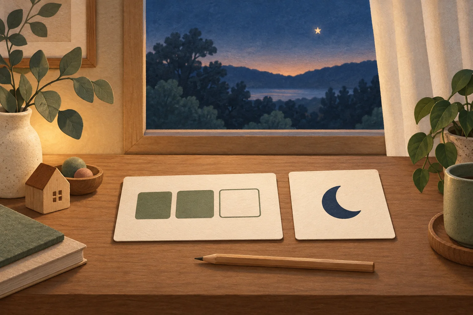 A dusk planning desk with two filled nap blocks, an empty outlined block and a separate moon card.
